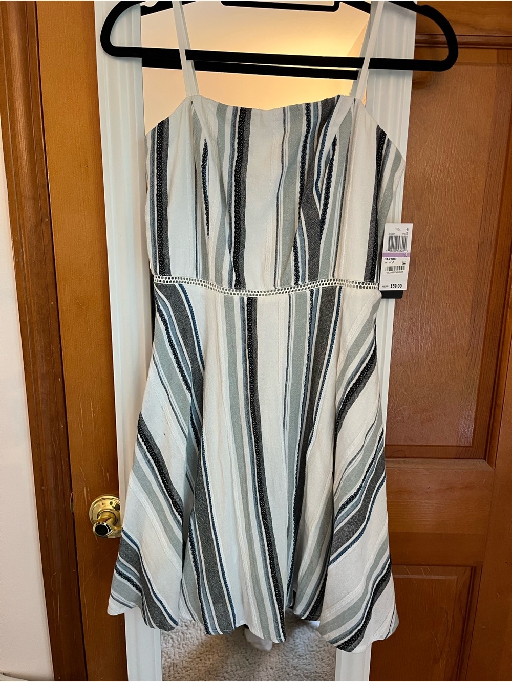 Studio Striped White, Gray and Black Strapless Mini Dress